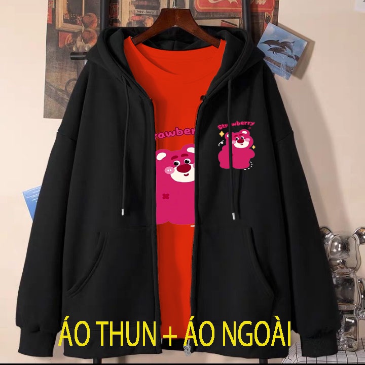 Áo khoác đen 2 món gấu dâu quay lưng cho bé gái chất nỉ phom rộng size từ 9 đến 65kg