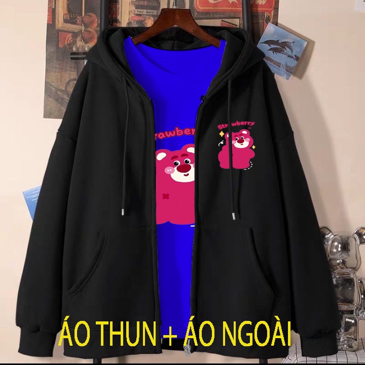 Áo khoác đen 2 món gấu dâu quay lưng cho bé gái chất nỉ phom rộng size từ 9 đến 65kg