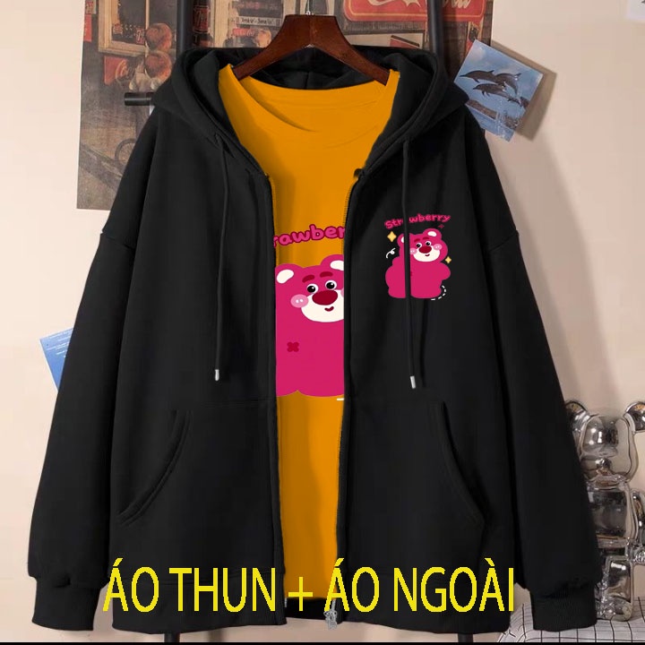 Áo khoác đen 2 món gấu dâu quay lưng cho bé gái chất nỉ phom rộng size từ 9 đến 65kg