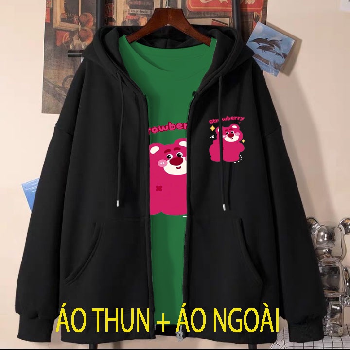 Áo khoác đen 2 món gấu dâu quay lưng cho bé gái chất nỉ phom rộng size từ 9 đến 65kg