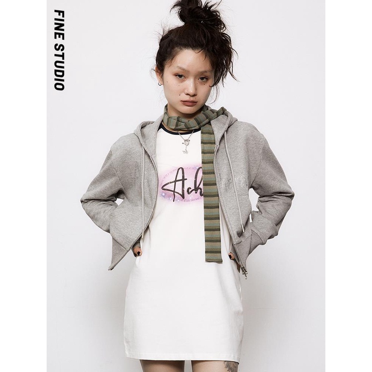 Fine studio Áo sweatshirt Có Mũ Trùm Đầu Tay Dài Màu Xám Trắng Phong Cách Sớm Thu Cho Nữ