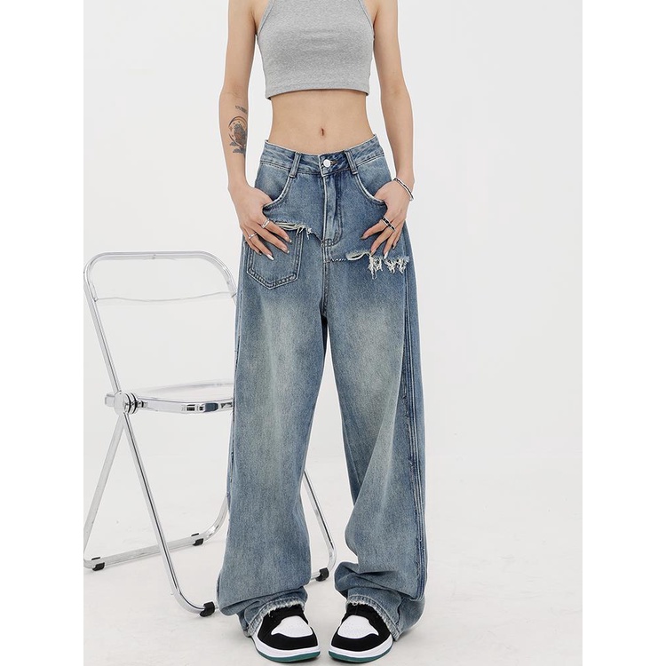 Design sense retro wide-leg jeans women 2023 đầu mùa thu phong cách mới quần dài cạp cao thẳng