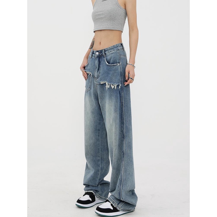 Design sense retro wide-leg jeans women 2023 đầu mùa thu phong cách mới quần dài cạp cao thẳng