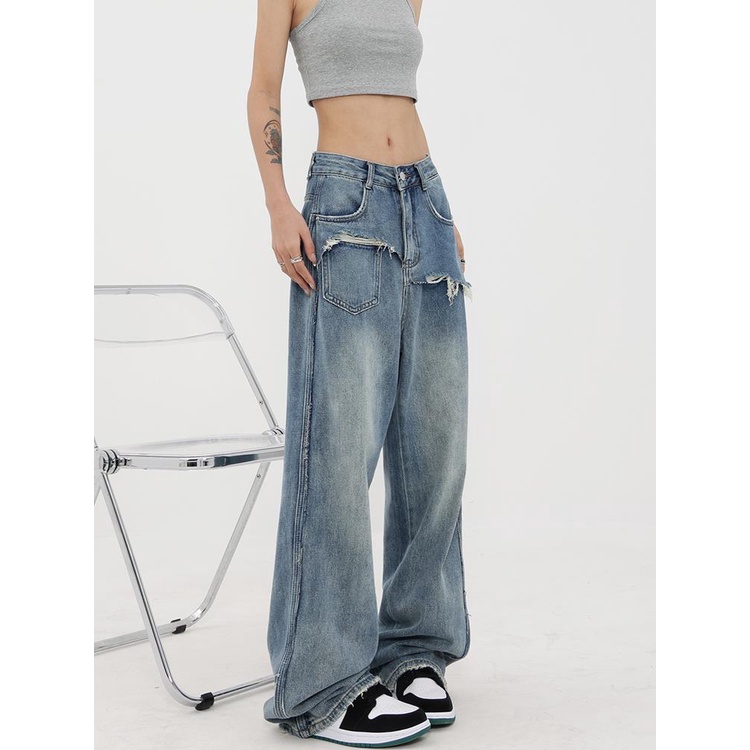 Design sense retro wide-leg jeans women 2023 đầu mùa thu phong cách mới quần dài cạp cao thẳng