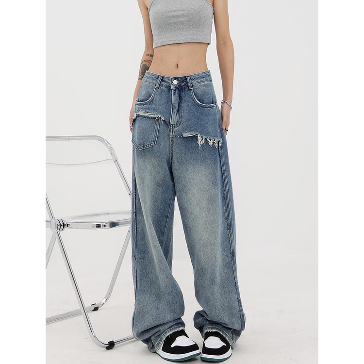 Design sense retro wide-leg jeans women 2023 đầu mùa thu phong cách mới quần dài cạp cao thẳng