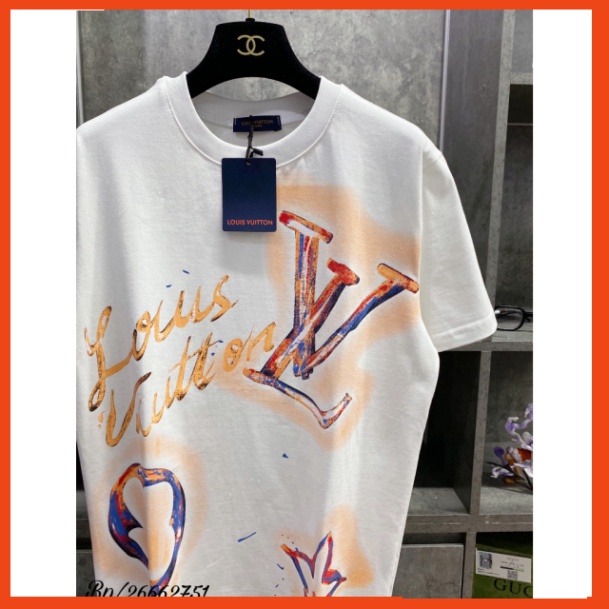 Áo phông LV hoa lá cành phối Màu họa tiết 3D 2 màu đen trắng  - Áo lv nam nữ siêu cấp vải cotton mịn 88