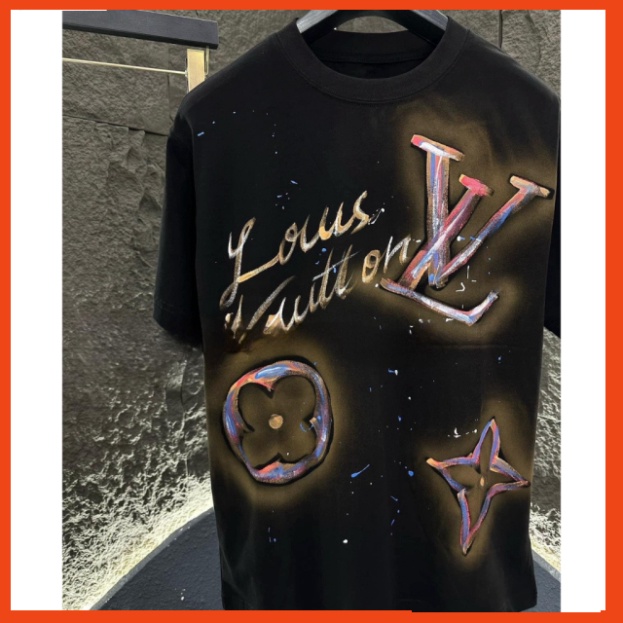 Áo phông LV hoa lá cành phối Màu họa tiết 3D 2 màu đen trắng  - Áo lv nam nữ siêu cấp vải cotton mịn 88