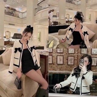 Áo khoác dạ trắng viền đen đính nơ, hàng 2 lớp, chất dạ cao cấp hot