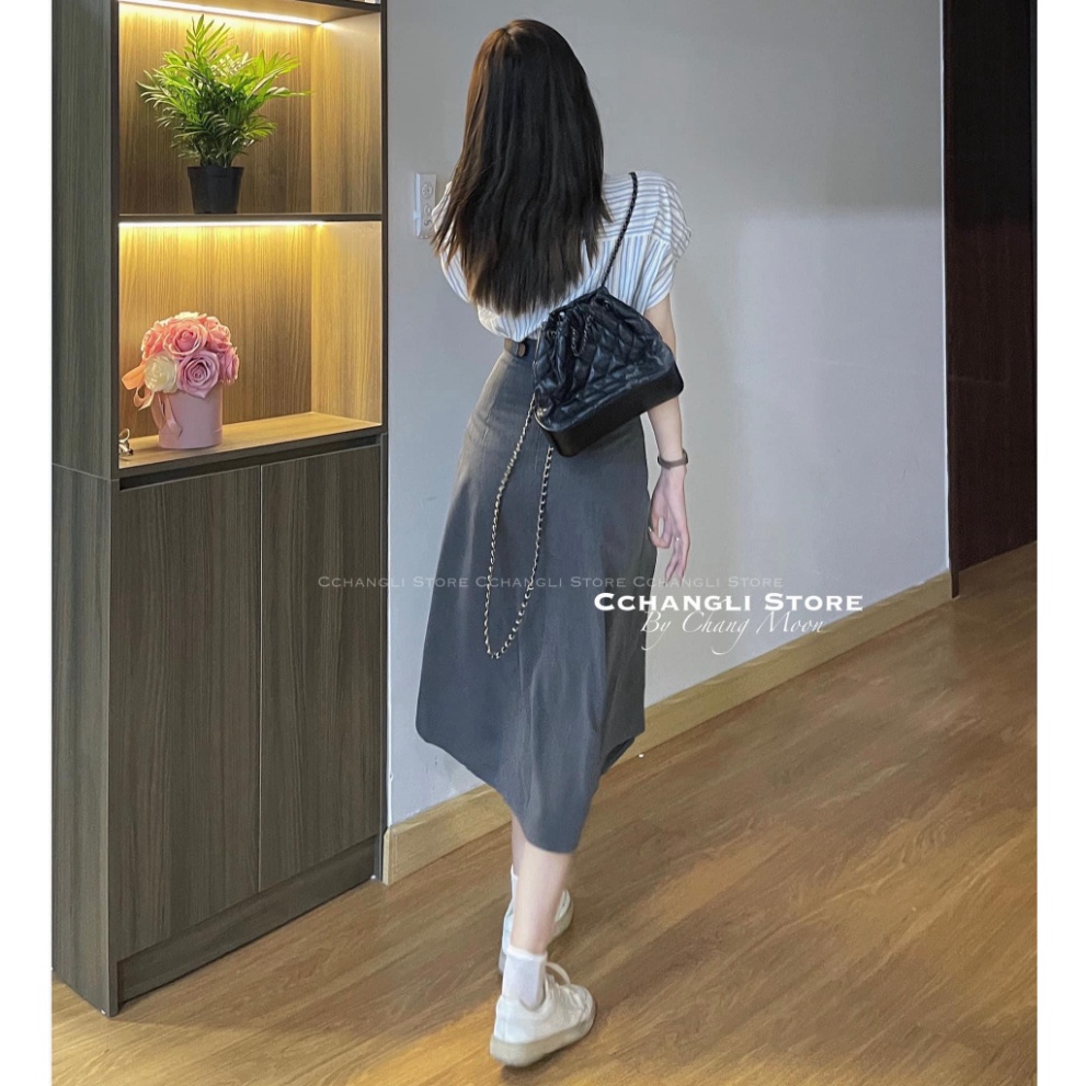 Set Áo Sơ Mi Kẻ Mĩ Chân Váy Dài Xếp Li  Hot