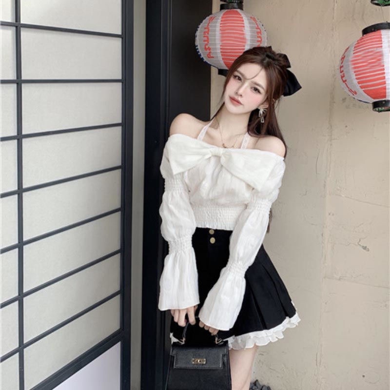 Jiashucheng Áo Sơ Mi Trễ Vai Phối Ren Hở Vai Mùa Thu Phong Cách Mới