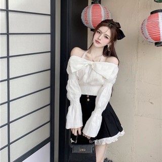Jiashucheng áo sơ mi trễ vai phối ren hở vai mùa thu phong cách mới