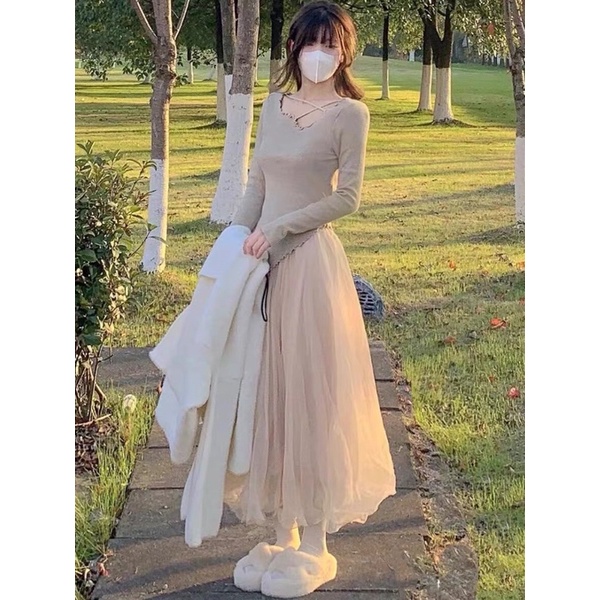 Chân váy voan 2 lớp dáng dài