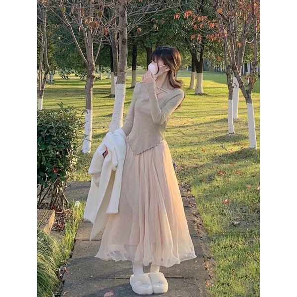 Chân váy voan 2 lớp dáng dài
