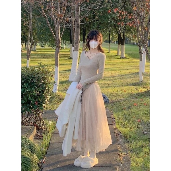 Chân váy voan 2 lớp dáng dài