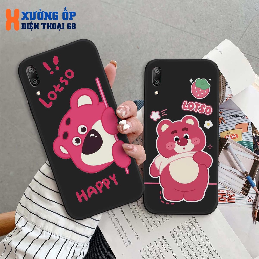 Ốp cạnh vuông Huawei Y7 2018 / Y7 2019 Pro Prime hình bear lotso gấu dâu, ốp silicon TPU dẻo rẻ đẹp