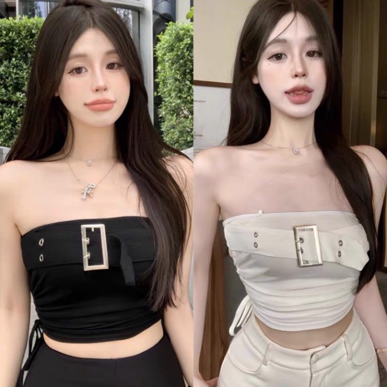 Áo Ống Cúp Ngực Thắt Nịt Khoen Vuông Croptop Rút Eo cổ yếm - B6L