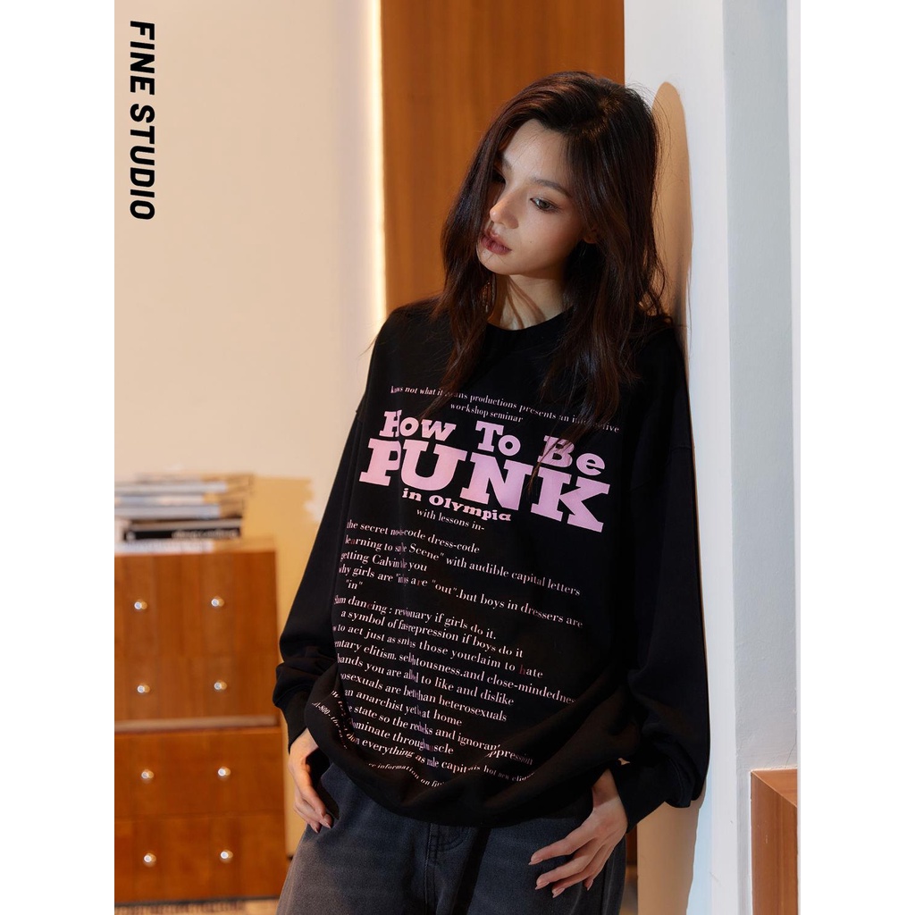 Fine studio Áo Nỉ Chui Đầu Cổ Tròn Dáng Rộng In Hình Phong Cách Thu Đông Cho Nam Và Nữ