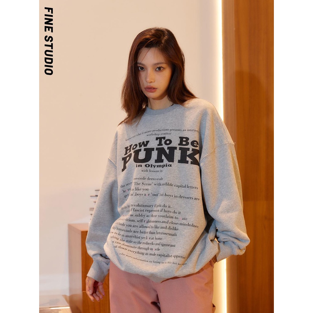 Fine studio Áo Nỉ Chui Đầu Cổ Tròn Dáng Rộng In Hình Phong Cách Thu Đông Cho Nam Và Nữ