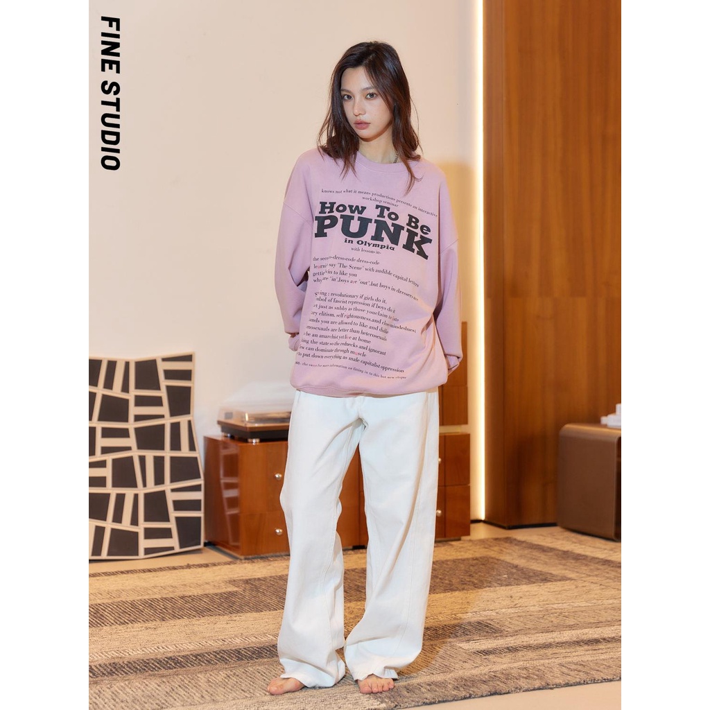 Fine studio Áo Nỉ Chui Đầu Cổ Tròn Dáng Rộng In Hình Phong Cách Thu Đông Cho Nam Và Nữ