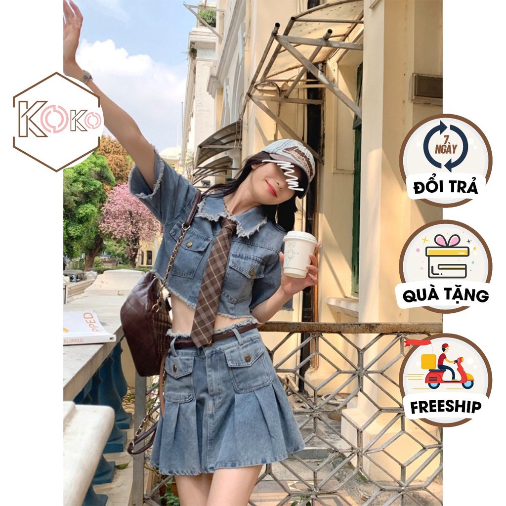 Chân váy jeans xếp ly dày dặn dáng ngắn túi trước phong cách Hàn Quốc có quần bảo hộ KoKo