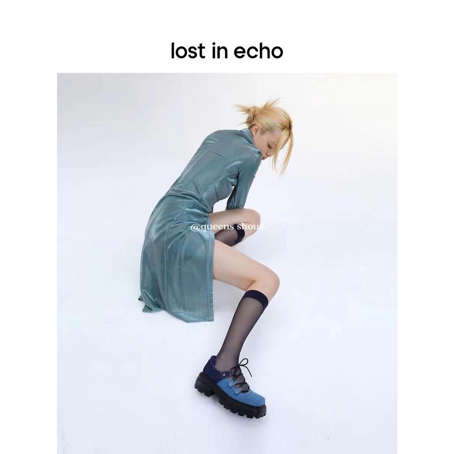 Giày mary jane Mũi Vuông Đế Dày Tăng Chiều Cao Bằng Da denim Màu Trắng Phong Cách Nhật Bản Cho Nữ