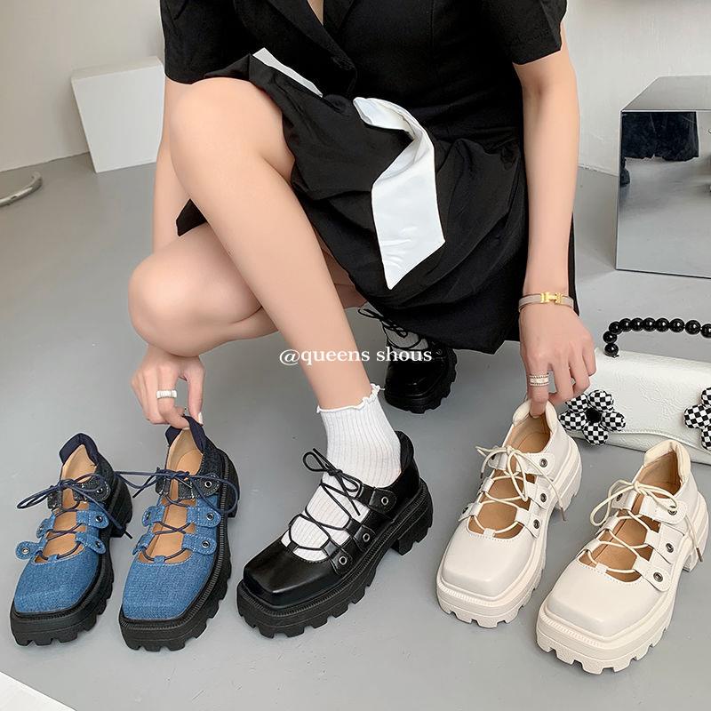 Giày mary jane Mũi Vuông Đế Dày Tăng Chiều Cao Bằng Da denim Màu Trắng Phong Cách Nhật Bản Cho Nữ