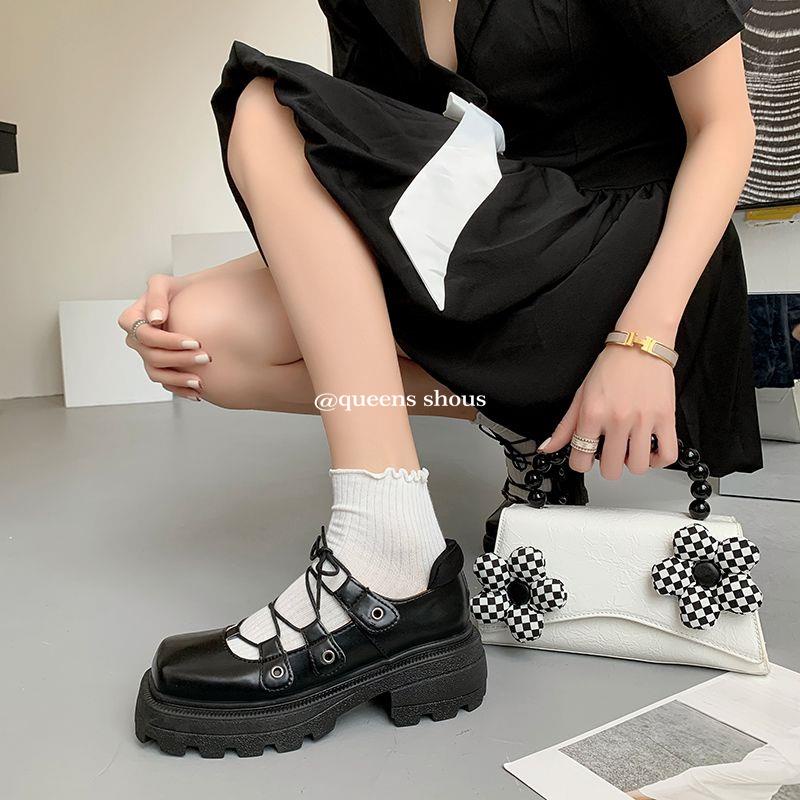 Giày mary jane Mũi Vuông Đế Dày Tăng Chiều Cao Bằng Da denim Màu Trắng Phong Cách Nhật Bản Cho Nữ
