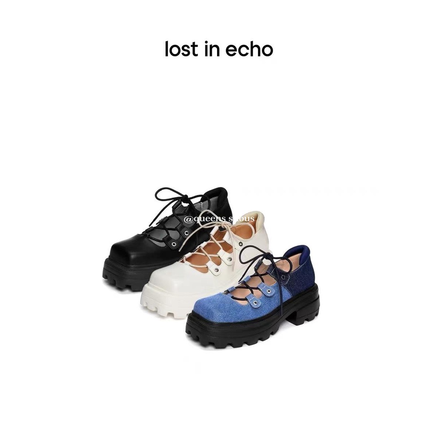 Giày mary jane Mũi Vuông Đế Dày Tăng Chiều Cao Bằng Da denim Màu Trắng Phong Cách Nhật Bản Cho Nữ