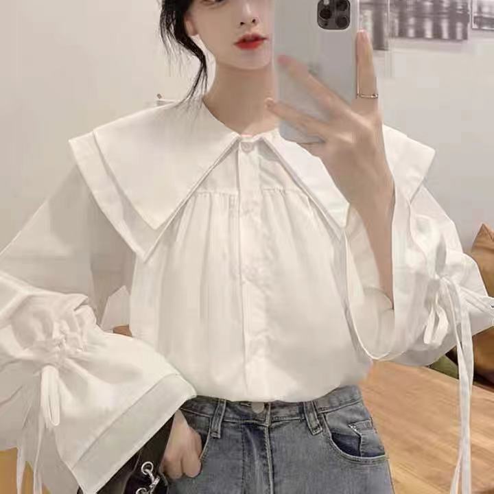 Áo Sơ Mi Trắng Tay Dài Cổ Búp Bê Thiết Kế Ngọt Ngào Thời Trang Xuân Thu Hàn Quốc Mới Cho Nữ