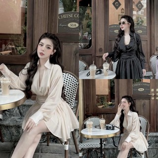 Váy sơ mi tơ 2 lớp, có chun eo sau đính khuy nấm hàng chuẩn mpb