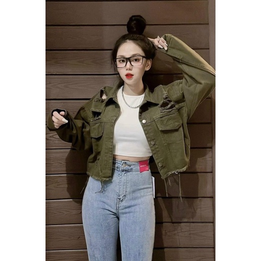 Áo khoác croptop kaki jean rách