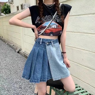 Chân váy JSC denim chữ A xếp ly lệch tà thời trang mùa hè dành cho nữ