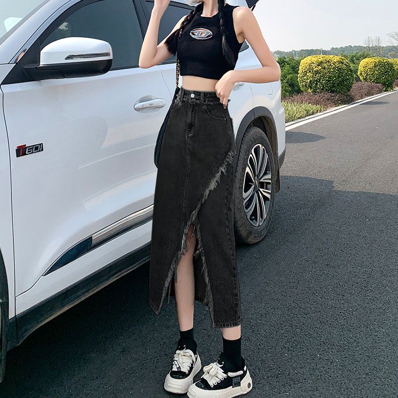 Jiashucheng Chân Váy Jean Chữ a Lưng Cao Xẻ Tà Thời Trang Mùa Hè Phong Cách Mới Cho Nữ