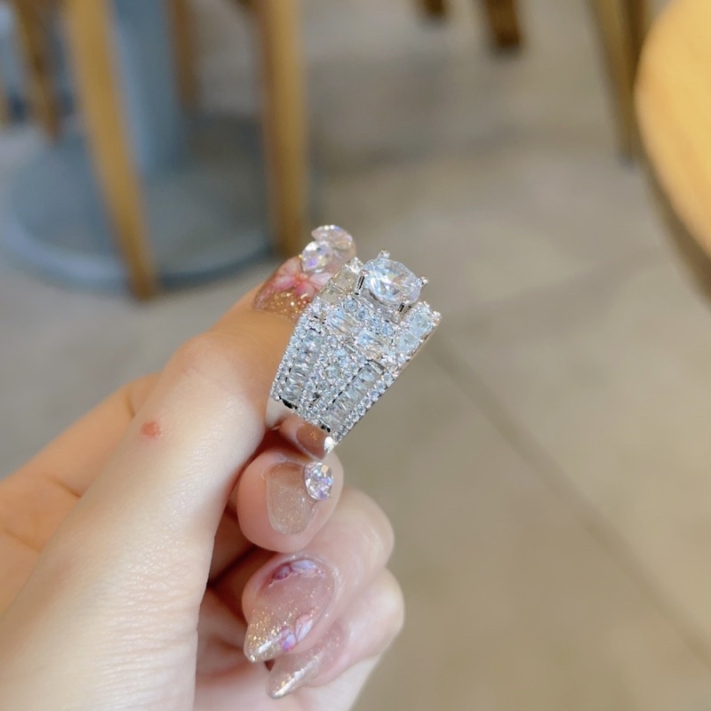 Nhẫn nam vuông Xoàn bagguet mạ bạch kim
