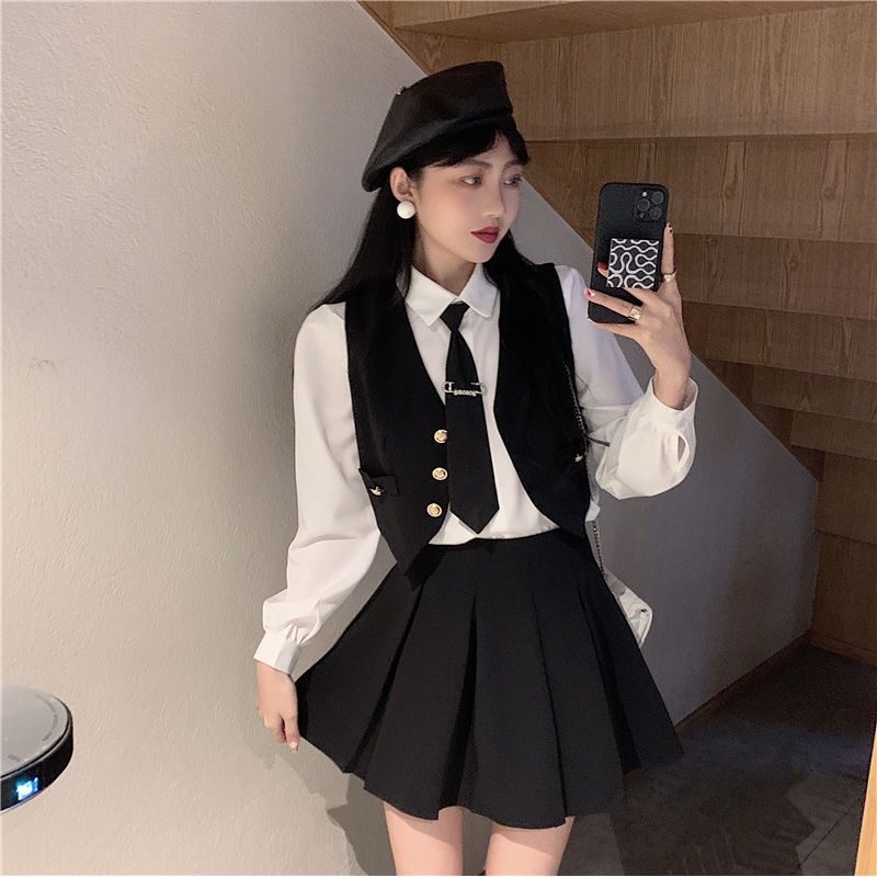 Thời Trang Bộ Áo Sơ Mi Màu Trơn + Chân Váy Xếp Ly Lưng Cao Xinh Xắn Theo Phong Cách Mùa Xuân 08019 Dành Cho Nữ