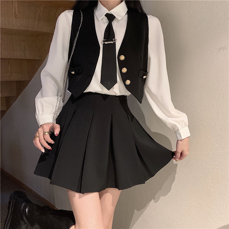 Thời Trang Bộ Áo Sơ Mi Màu Trơn + Chân Váy Xếp Ly Lưng Cao Xinh Xắn Theo Phong Cách Mùa Xuân 08019 Dành Cho Nữ