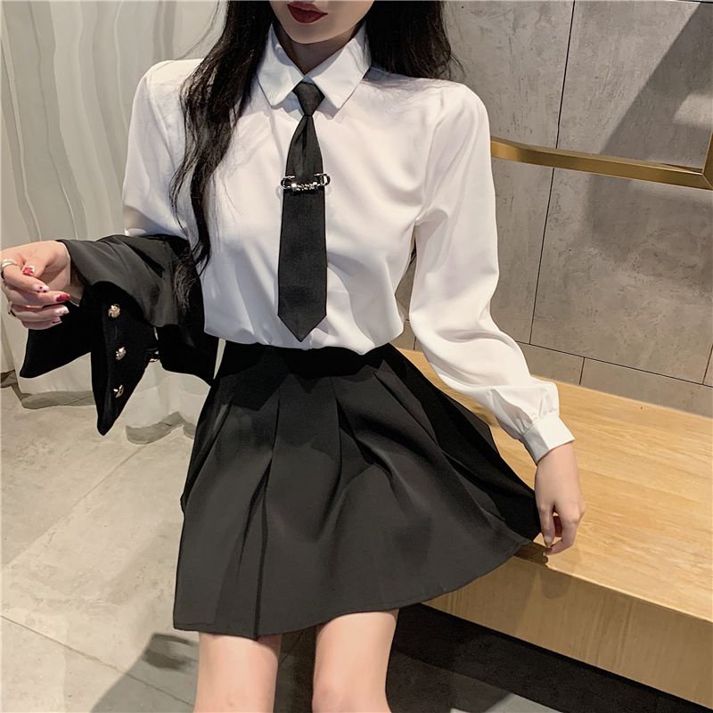 Thời Trang Bộ Áo Sơ Mi Màu Trơn + Chân Váy Xếp Ly Lưng Cao Xinh Xắn Theo Phong Cách Mùa Xuân 08019 Dành Cho Nữ