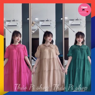 Đầm babydoll cổ viền cột nơ tay bồng đầm tiểu thư siêu dễ thương bầu bì mặc đc hình thật video - M70