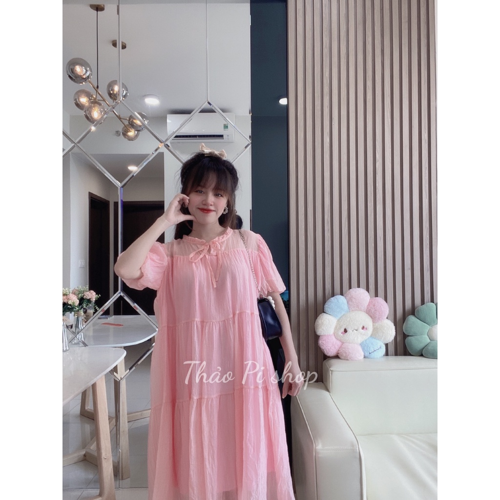 Đầm babydoll cổ viền cột nơ tay bồng đầm tiểu thư siêu dễ thương bầu bì mặc đc hình thật video - M70