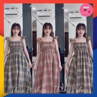 Đầm maxi cánh tiên caro nhún ngực đi chơi đi tiệc siêu đẹp hình thật video - M97