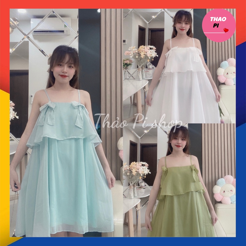 Đầm hai dây dáng xòe phối tầng đín nơ Ulzzang đầm tiểu thư siêu đẹp hình thật và video