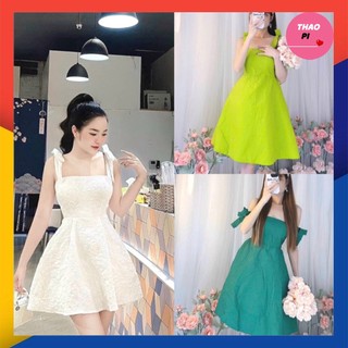 Đầm dáng xoè cột nơ vai gấm xốp đi tiệc đi chơi siêu đẹp hình thật - M86