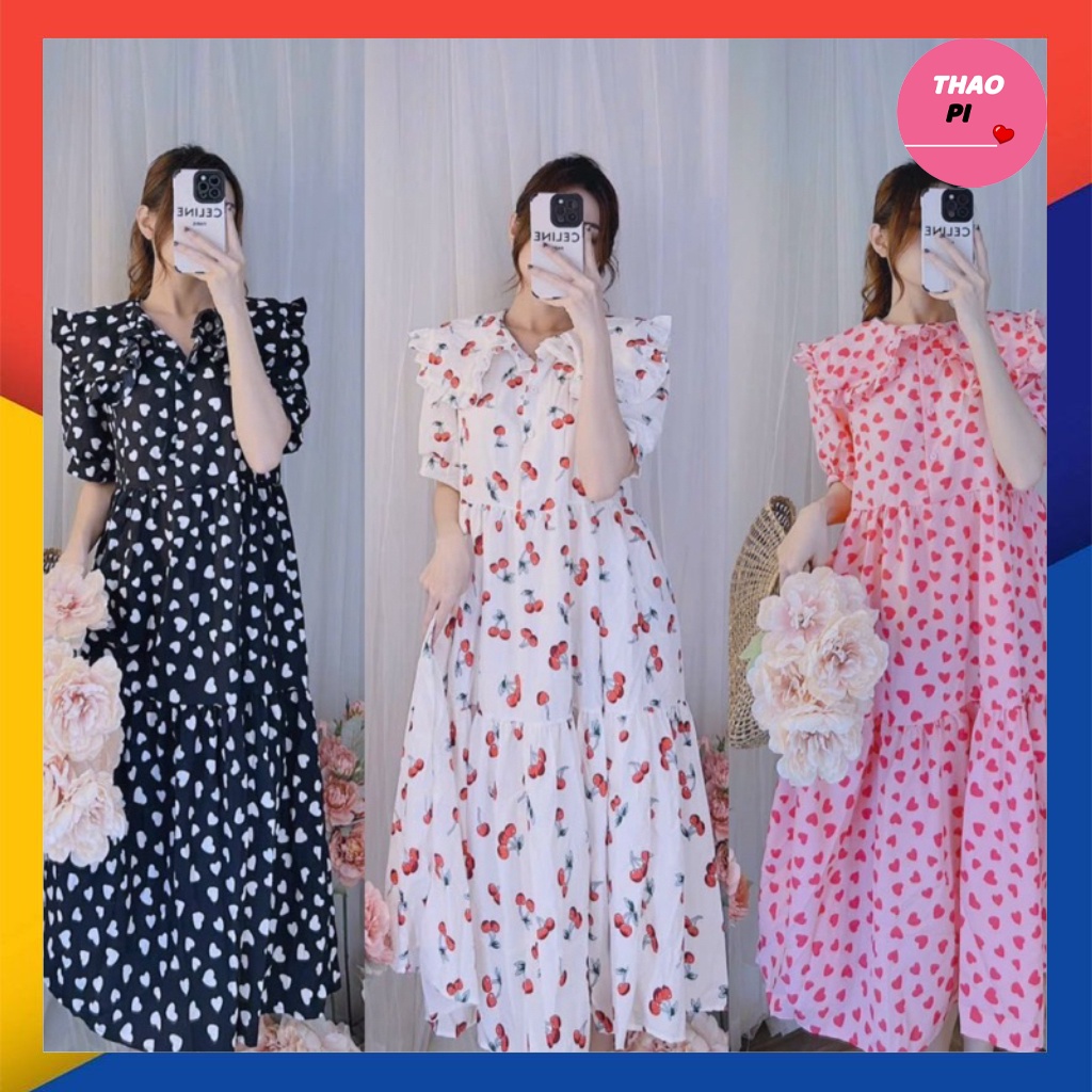 Đầm babydoll dáng dài cổ bèo hoạ tiết nhẹ nhàng siêu dễ thương hình thật