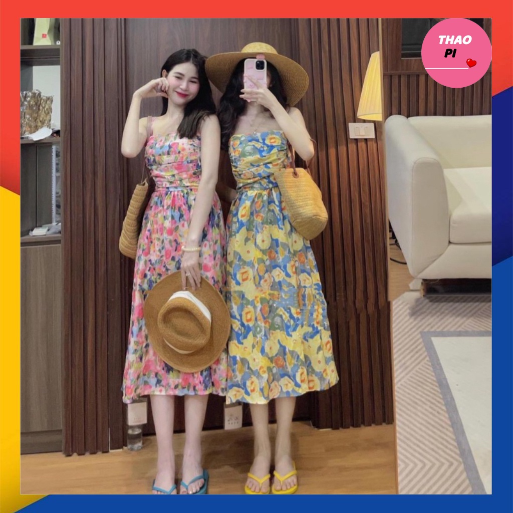 Đầm hai dây vintage hoa nhí hoa 3D xếp ly nhẹ nhàng nữ tính siêu xinh