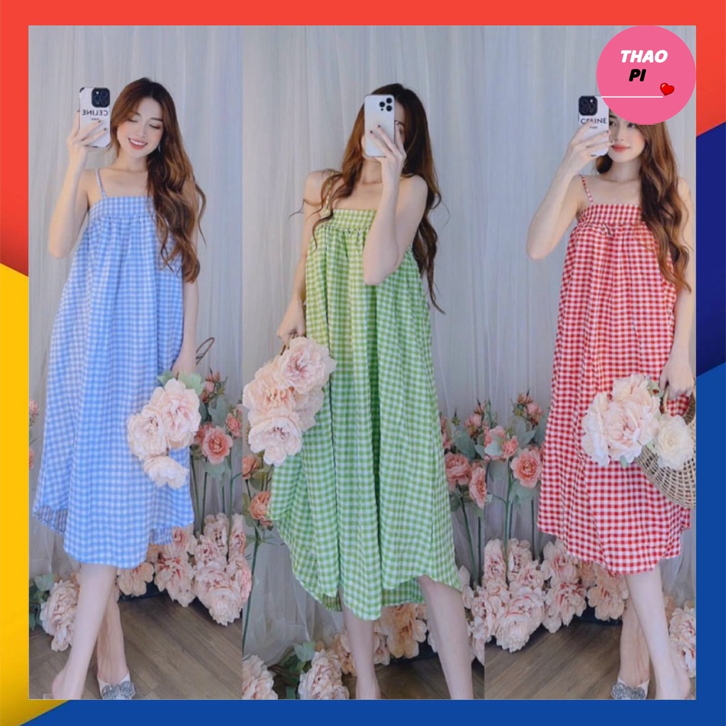Đầm hai dây vintage maxi caro dáng dài siêu đẹp hình thật