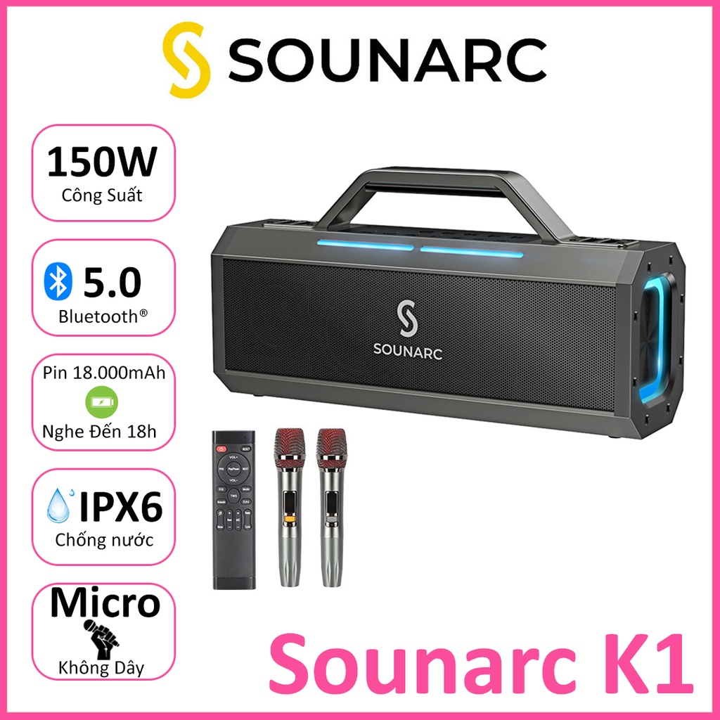 Loa Karaoke Bluetooth 5.0 SOUNARC K1, Công Suất 150W, Chống Nước IPX6, Với 2 Micro Hát Karaoke Không Dây, Pin 18000mAh