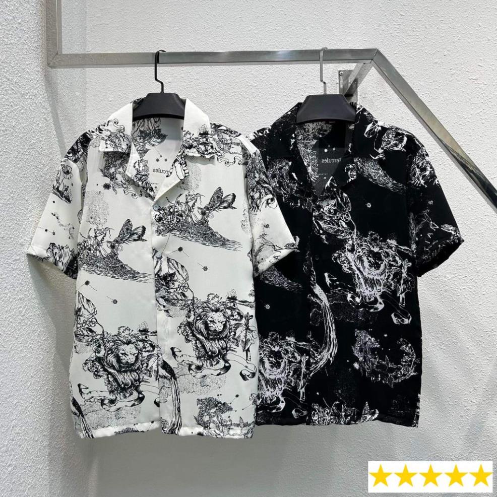 Áo sơ mi tay ngắn hoạ tiết Đì O vải lụa mango áo cuban shirt ngắn tay cổ vest mùa hè sỉ hàng quảng châu