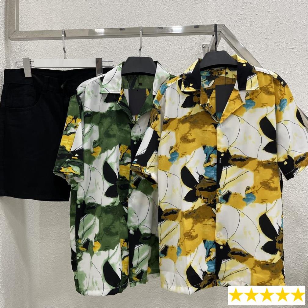 Áo sơ mi tay ngắn hoạ tiết vết sơn gỗ áo cuban shirt ngắn tay cổ vest mùa hè sỉ hàng quảng châu