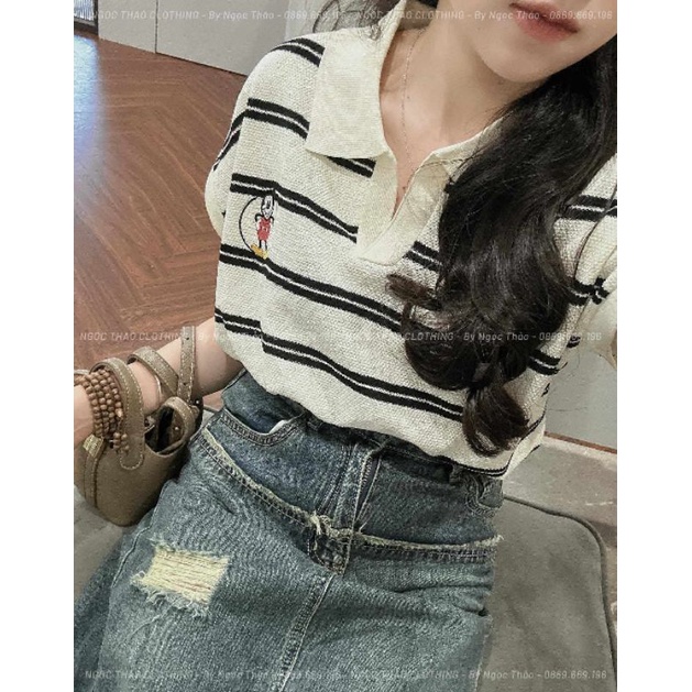 Áo polo kẻ mickey hàng QC