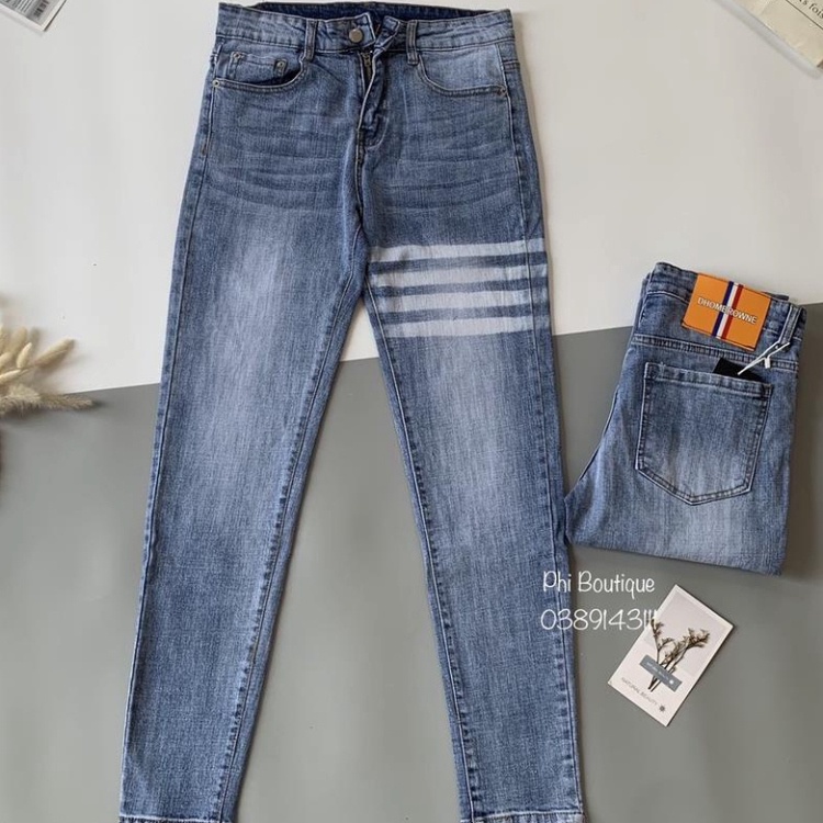 Quần JEAN Thome Nam Trơn Phối Dập 4 Vạch Kẻ Trắng Đùi Quần bò nam Thom 4 sọc Hottrend